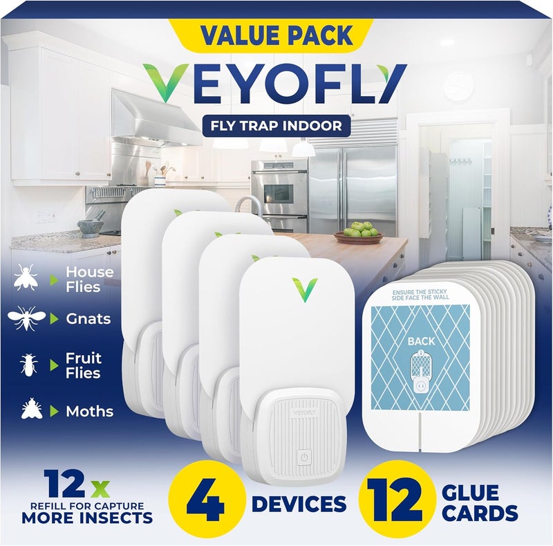 VEYOFLY Fly Trap Indoor, Fruit Fly Traps for Indoors, (4 Device + 12 Refills) Gnat Traps for House Indoor, Fly Catcher Indoor, Plug in Light Flying Insect Trap, Bug Light Killer, Fly Trap - Image 1